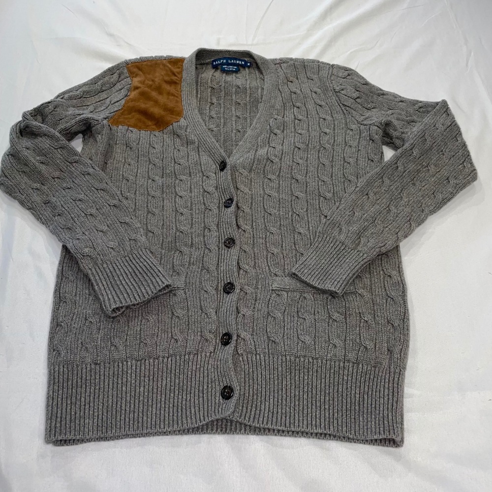 Ralph Lauren Womens Grey Cable Knit Cotton Cardigan Sweater Suede Shoulder Patch